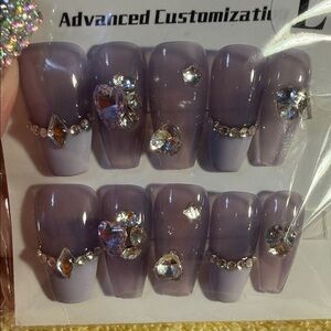 Purple Rhinestone Press-On Nails